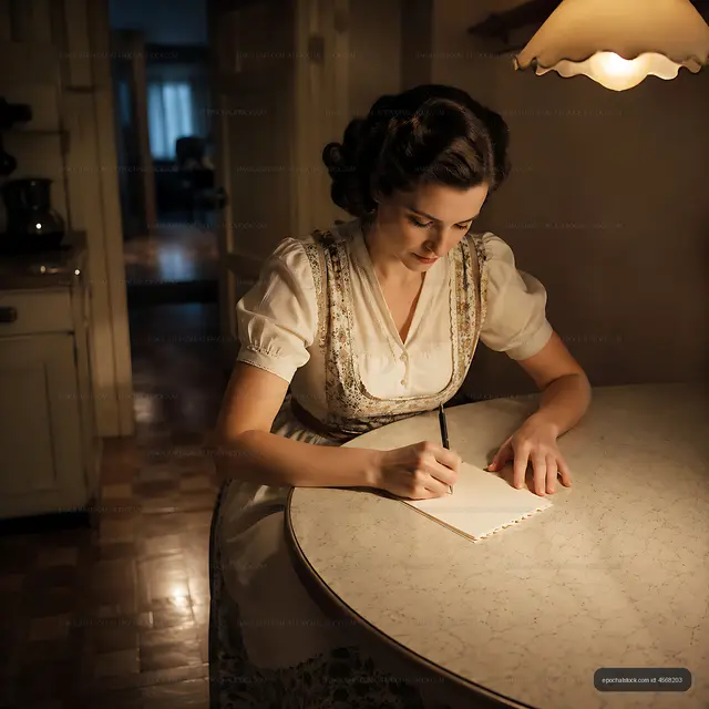 Woman writing at a kitchen table in a vintage-style home