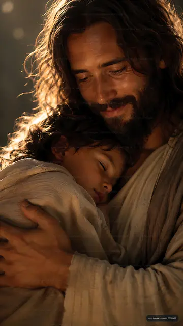 Man holding child in warm embrace with sunlight behind