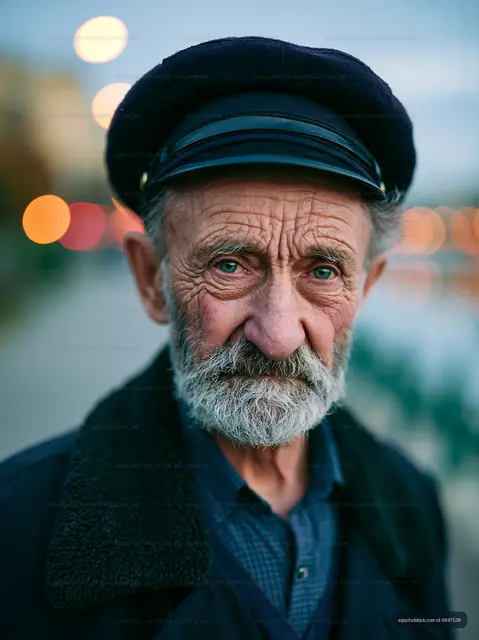 Old man in cap with gray beard looking at camera outdoors