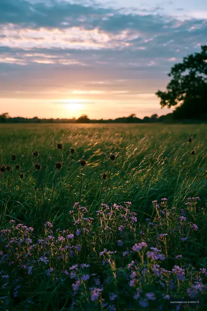 Sunset over a field with flowers and tall grass