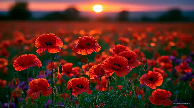 Sunset over a field of vibrant red poppies