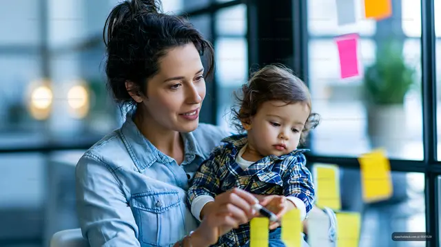 Mom helps child with sticky notes in a bright workspace