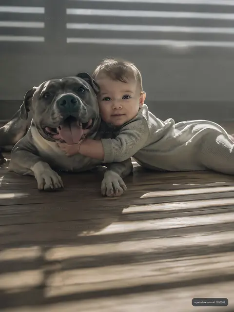 Child cuddles with a dog indoors on a wood floor