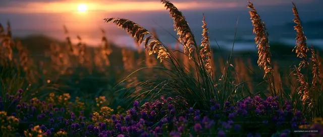 Sunset over flowers and grasses in a natural landscape