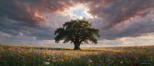 Single tree stands in a field of wildflowers under cloudy sky