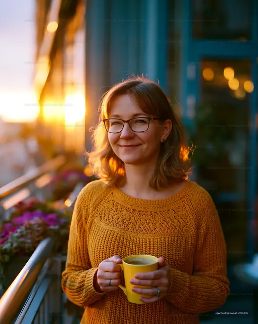 Woman holding yellow mug on balcony during sunset