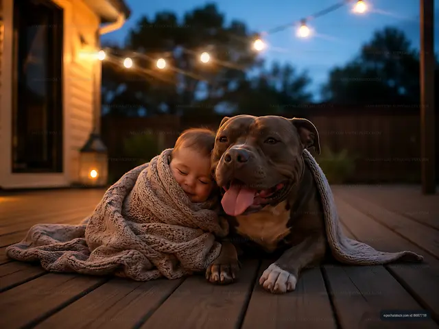 Child and dog snuggle under blanket on wooden porch at dusk