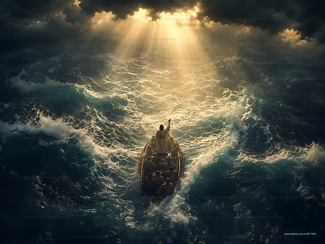 Man in a boat on stormy sea with sunlight breaking through clouds