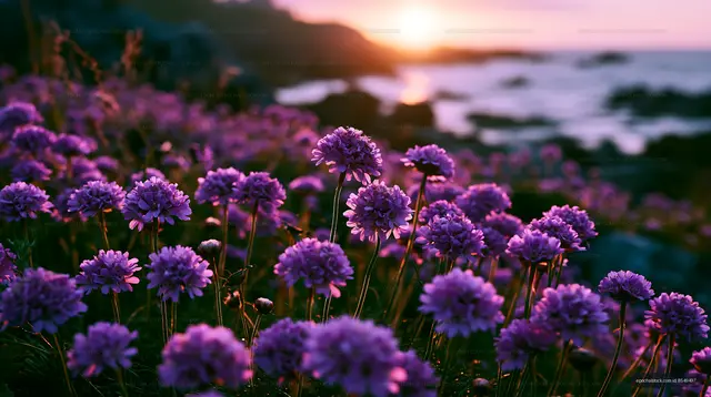 Bright purple flowers bloom by the ocean at sunset