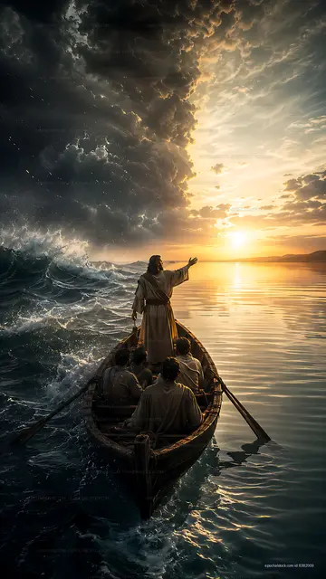 Jesus commands the waves in a boat with disciples at sunset