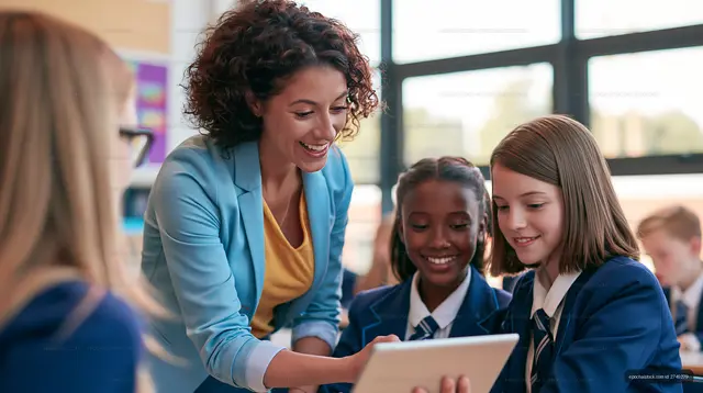 Teacher helping students with tablet in classroom