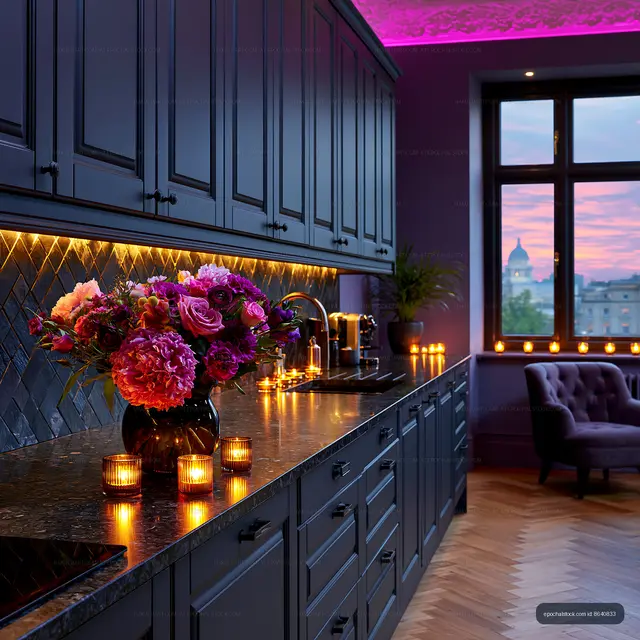 Modern kitchen with flowers and evening city view