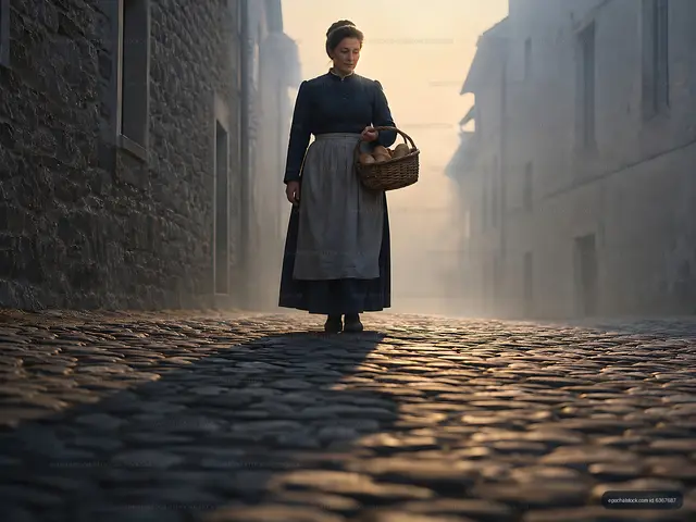 Woman walking down an empty cobblestone street with a basket