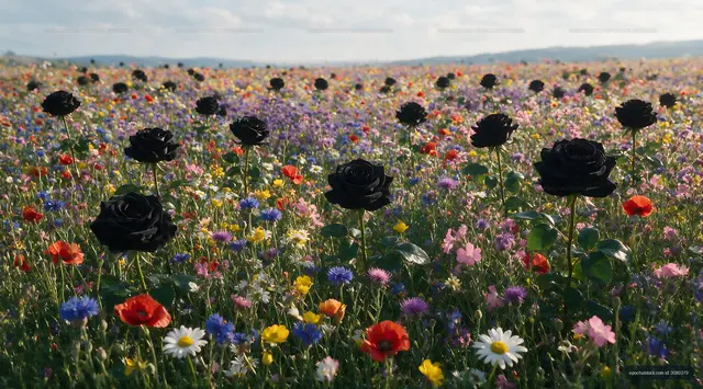 Field of black roses among colorful wildflowers