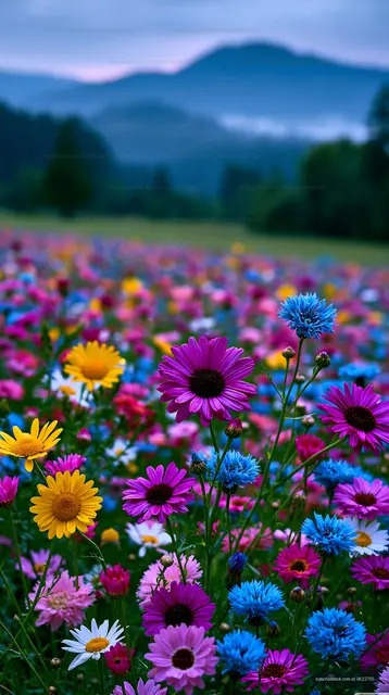 Colorful flowers bloom in a meadow under a cloudy sky