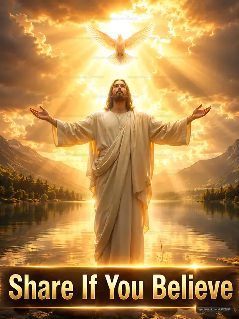 Jesus with outstretched arms and dove in glowing landscape scene