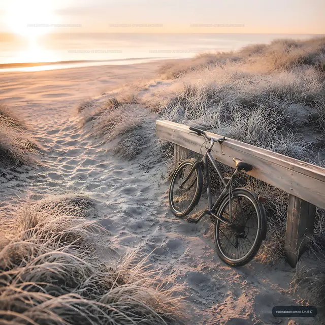 Bicycle resting on wooden boardwalk near sandy beach at sunset