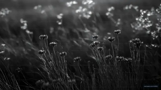 Black and white flowers growing in a grassy field