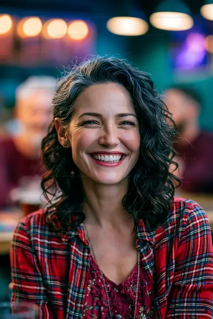 Smiling woman in a cafe enjoying time with friends