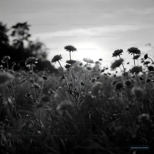 Sunlight illuminating wildflowers in a field at sunset