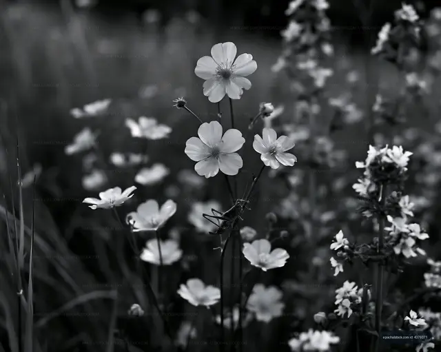 Black and white close-up of flowers in a grassy field
