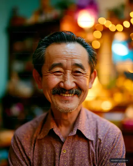 Smiling man with mustache in cozy indoor setting