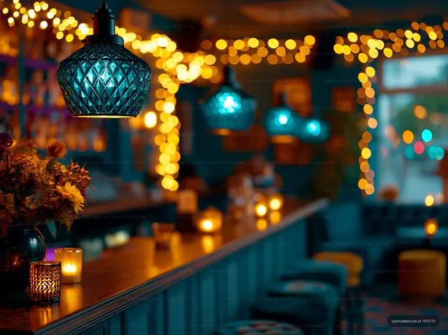 Cozy bar scene with warm lights and decor