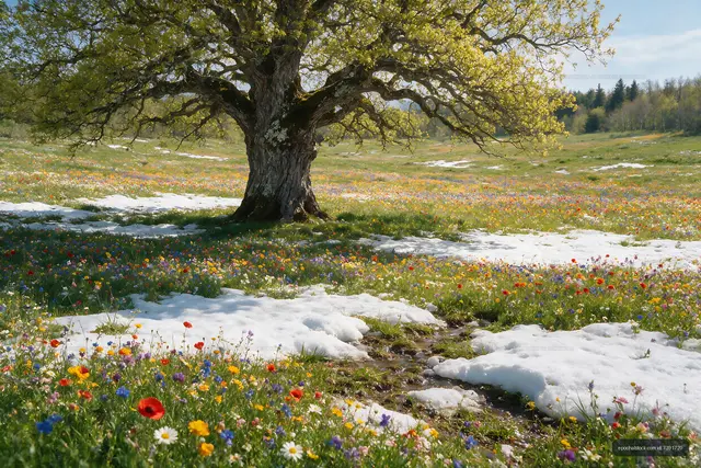 Spring landscape with flowers and snow under a tree