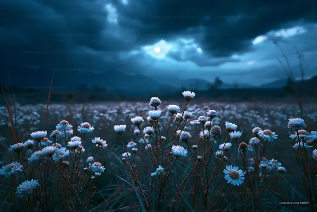 Daisy flowers bloom under dark clouds during evening light