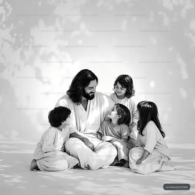 Man sitting on the ground with children in light background