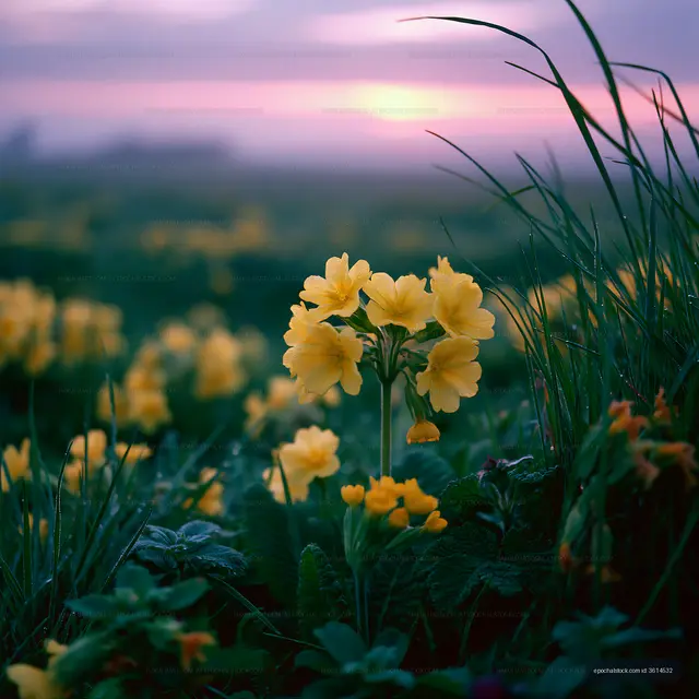 Yellow flowers bloom in a green field at sunset