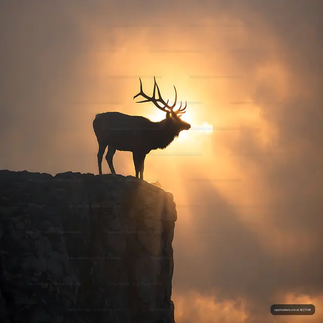 Stag standing on rock with sunlight shining behind