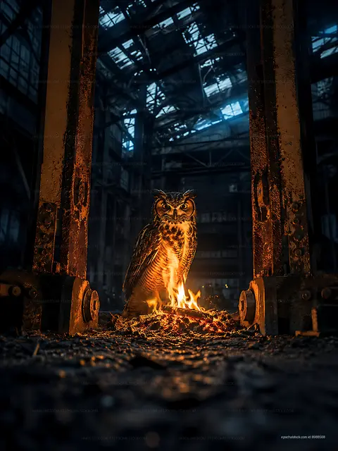 Owl standing near fire in an abandoned warehouse at night