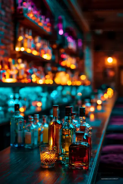 Low-lit bar scene with bottles and glass on the counter