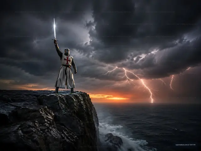 Knight standing on cliff during stormy sunset with sword raised