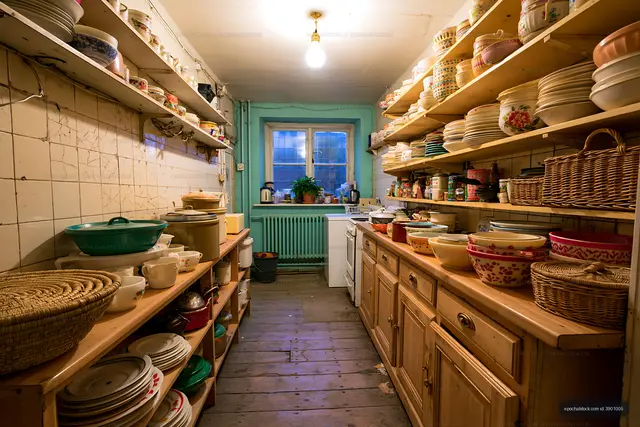 Cozy kitchen with wooden shelves and various dishware displayed