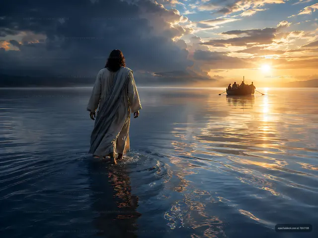 Person walking on water with a boat in the background at sunset
