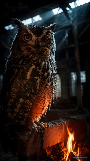 Owls perched near fire inside an abandoned warehouse