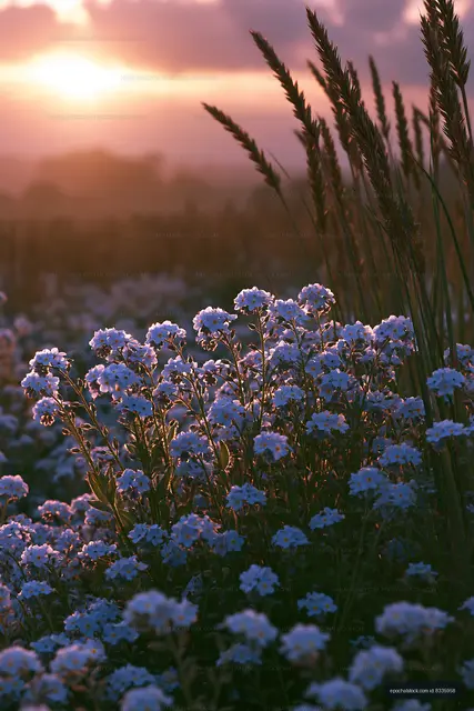 Sunset over field with wildflowers and tall grass