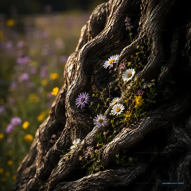 Wildflowers growing near old tree bark in a meadow