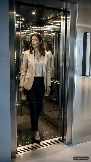 Businesswoman exiting elevator in modern building