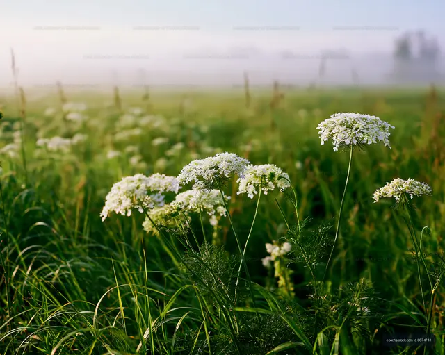 White flowers in a field at sunrise with morning mist