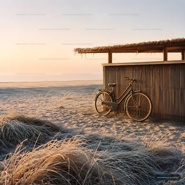 Bicycle parked by beach hut at sunset