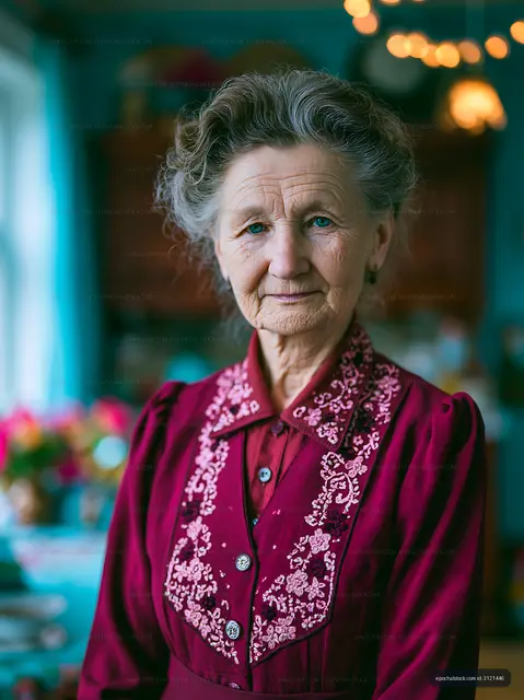 Elderly woman in traditional dress standing indoors
