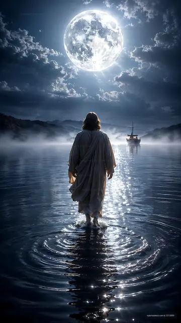 Person walking on water under a full moon at night