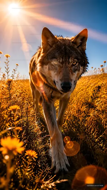Wolf walking in a field during sunset