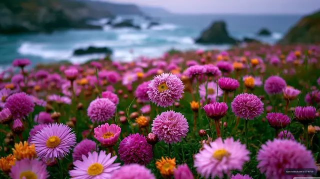 Vibrant flowers by the ocean at sunset