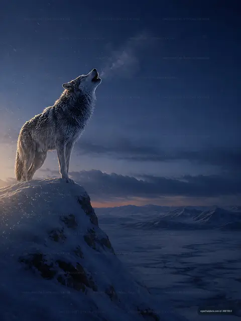 Wolf howling on snowy mountain peak during twilight