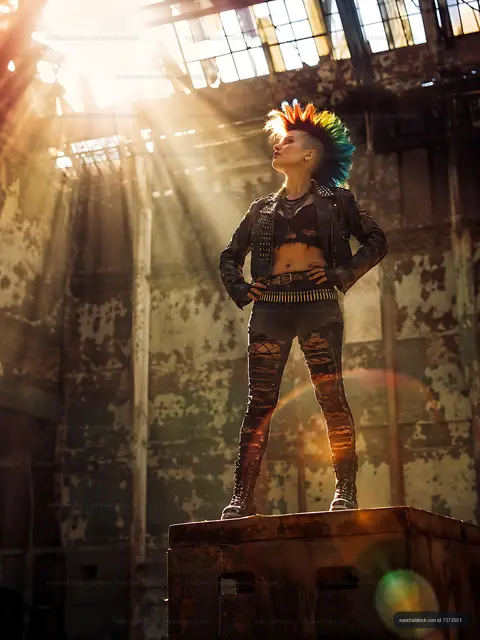 Youth with vibrant hair stands tall in an empty building