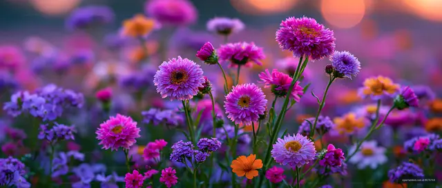 Colorful wildflowers bloom in a field during sunset